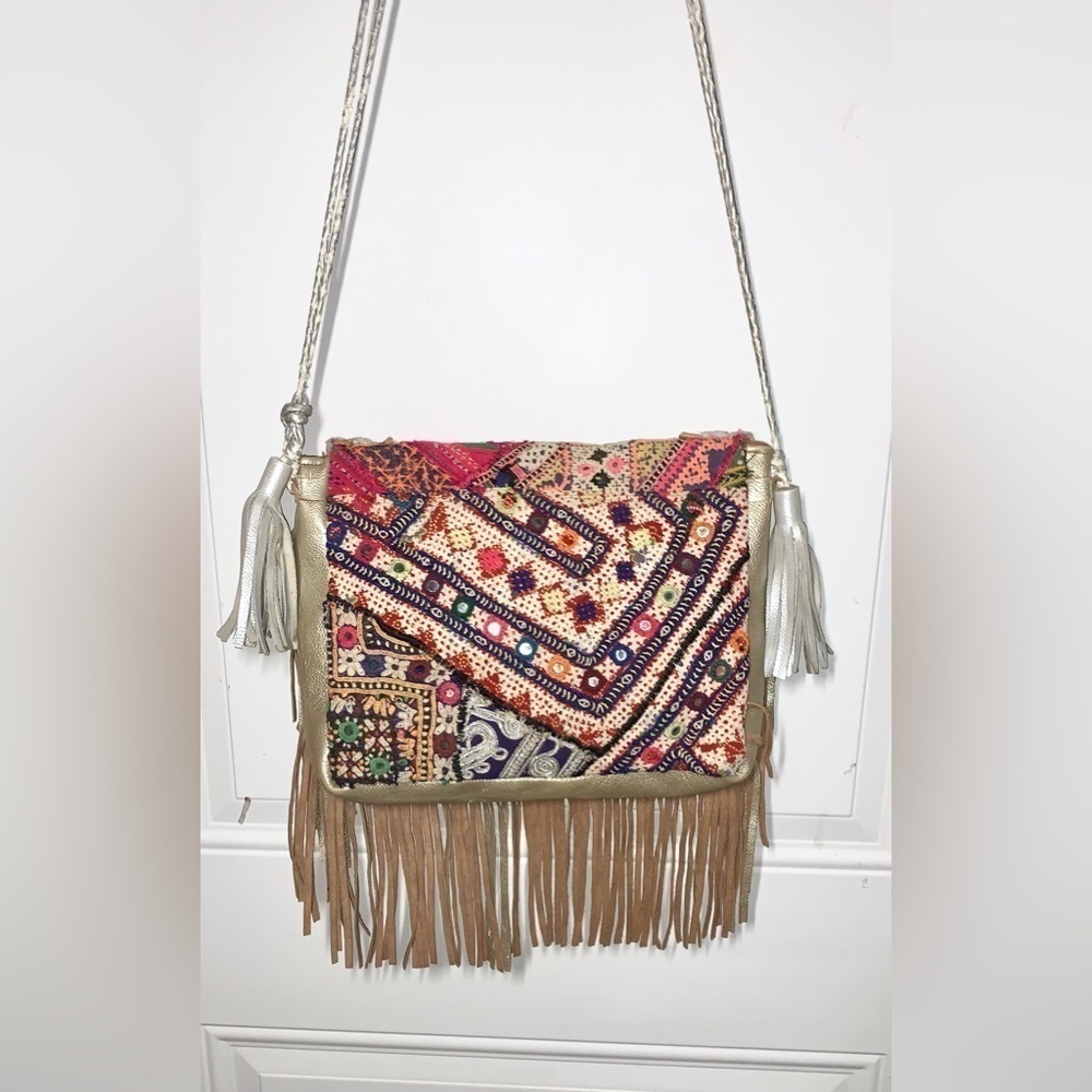 Boho Fringed Suede Patchwork Large Messenger Bag - image 1